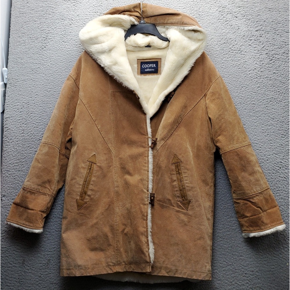 Cooper Suede Leather Jacket Womens M Brown Faux Fur Lined Hooded Toggle Front